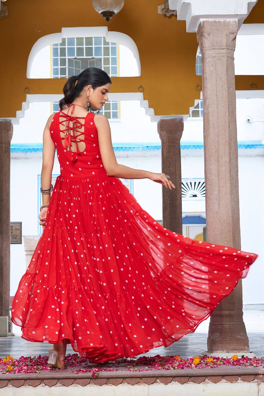 Embroidered Mirror Work Tiered Anarkali Gown