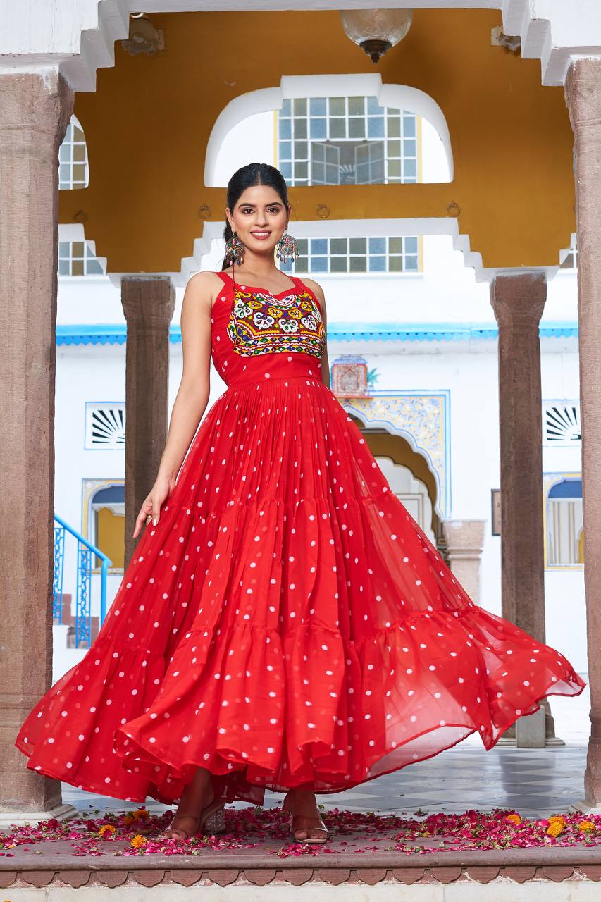 Embroidered Mirror Work Tiered Anarkali Gown