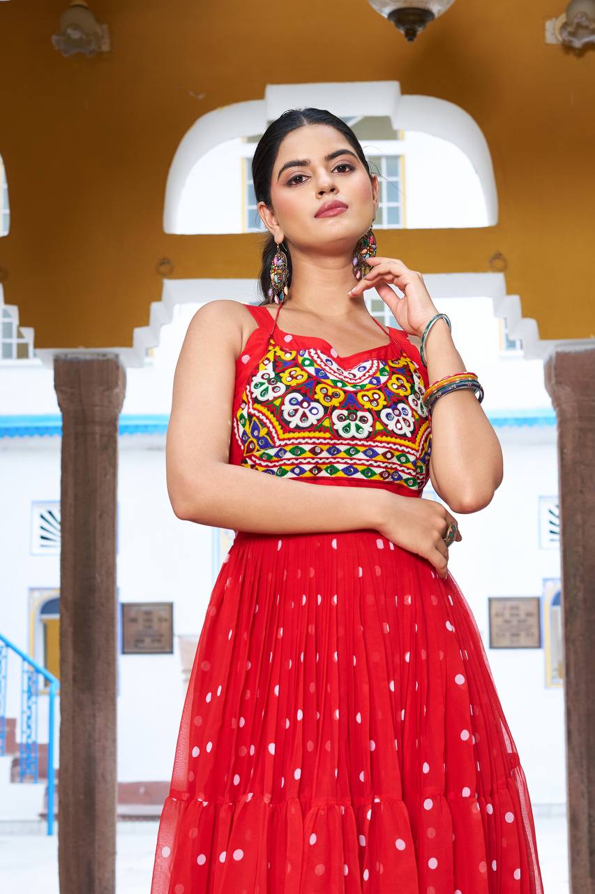 Embroidered Mirror Work Tiered Anarkali Gown