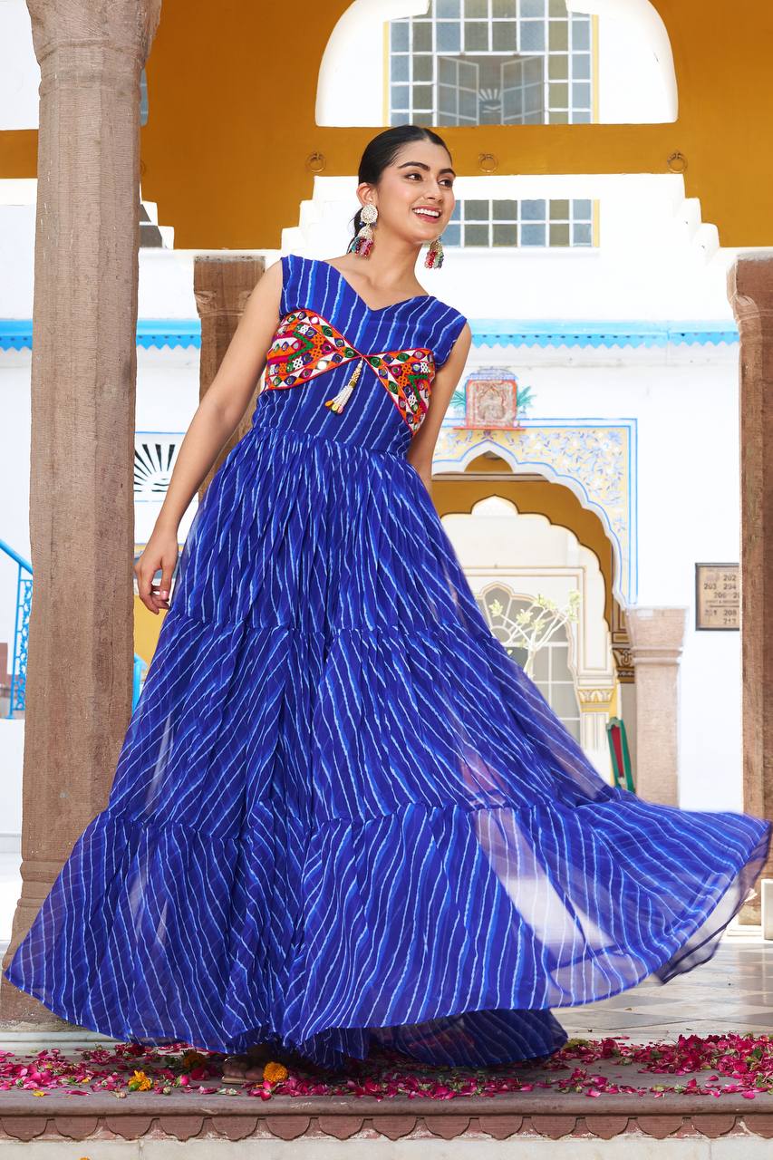 Embroidered Mirror Work Tiered Anarkali Gown