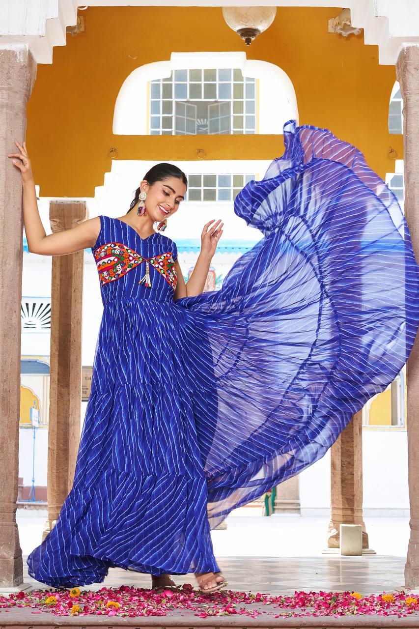 Embroidered Mirror Work Tiered Anarkali Gown