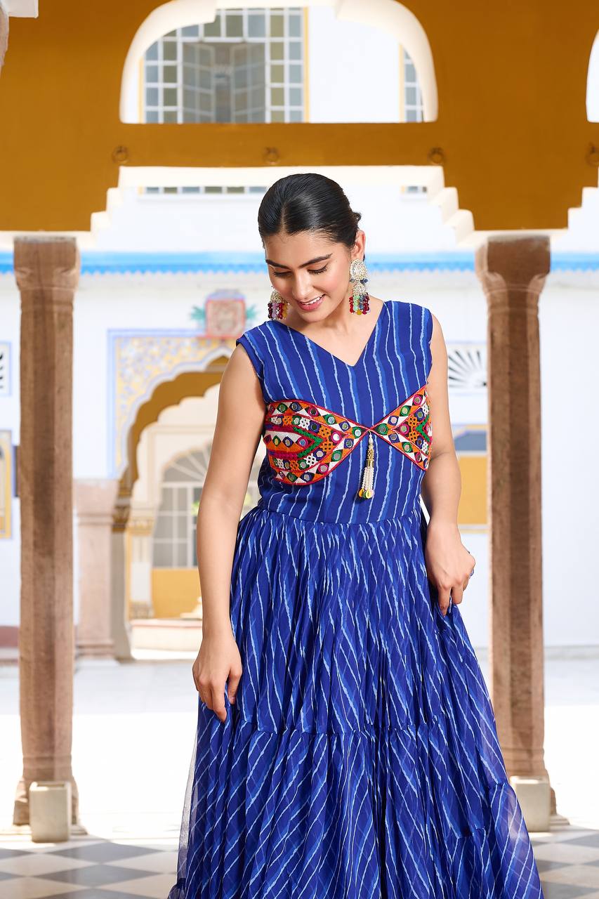 Embroidered Mirror Work Tiered Anarkali Gown