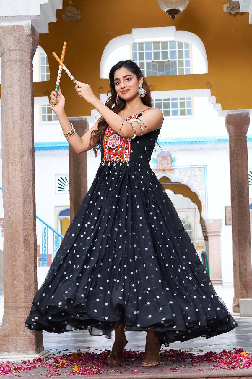 Embroidered Mirror Work Tiered Anarkali Gown