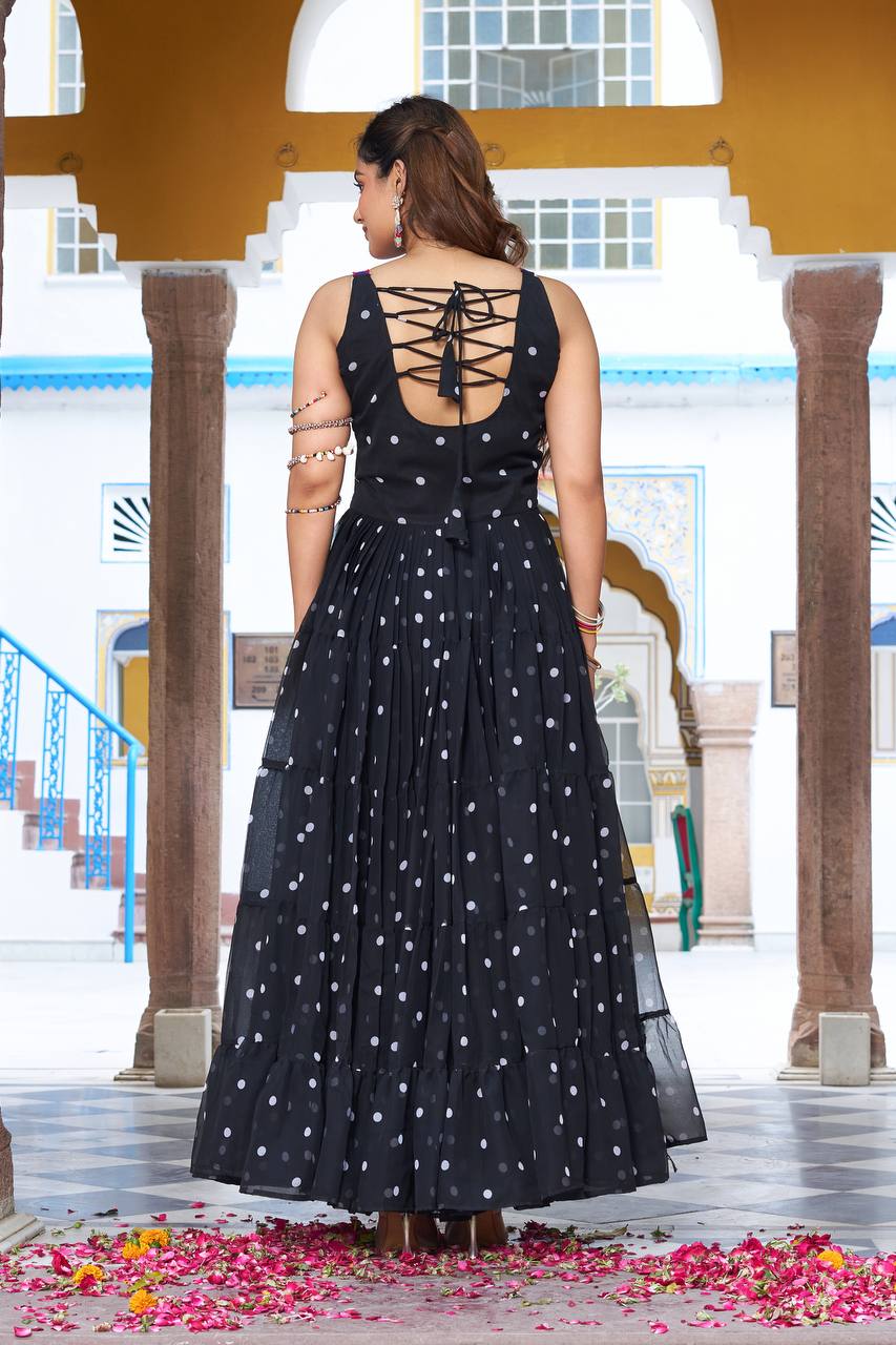 Embroidered Mirror Work Tiered Anarkali Gown