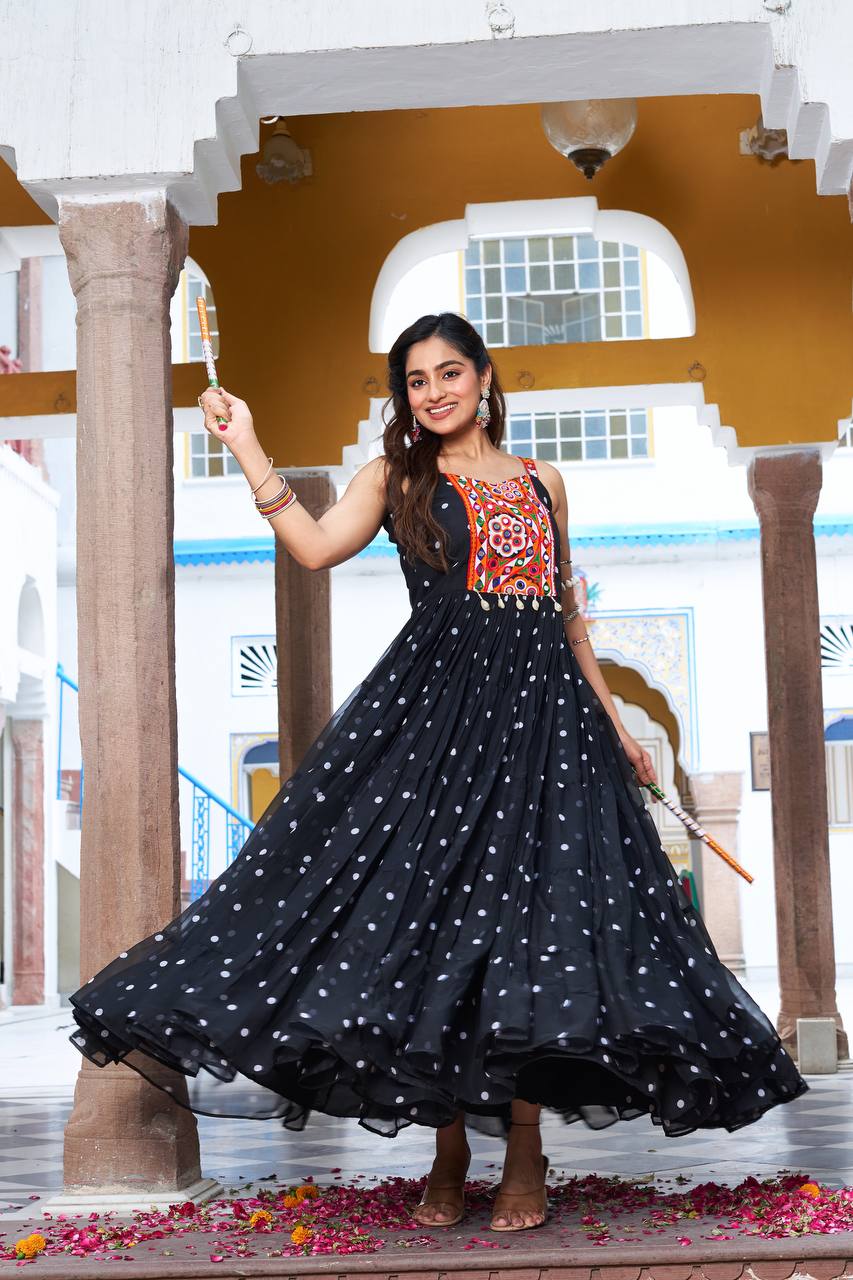 Embroidered Mirror Work Tiered Anarkali Gown