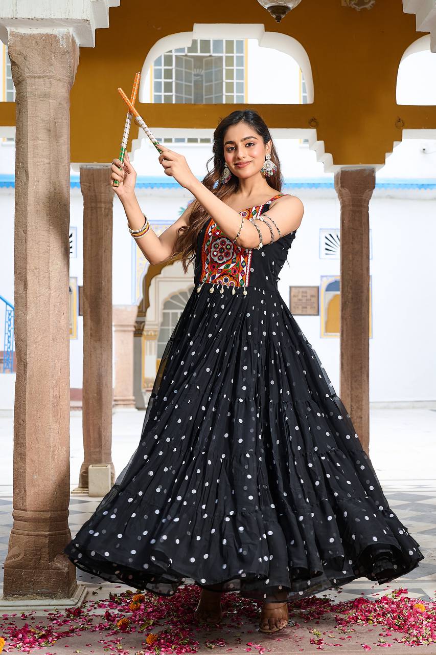 Embroidered Mirror Work Tiered Anarkali Gown