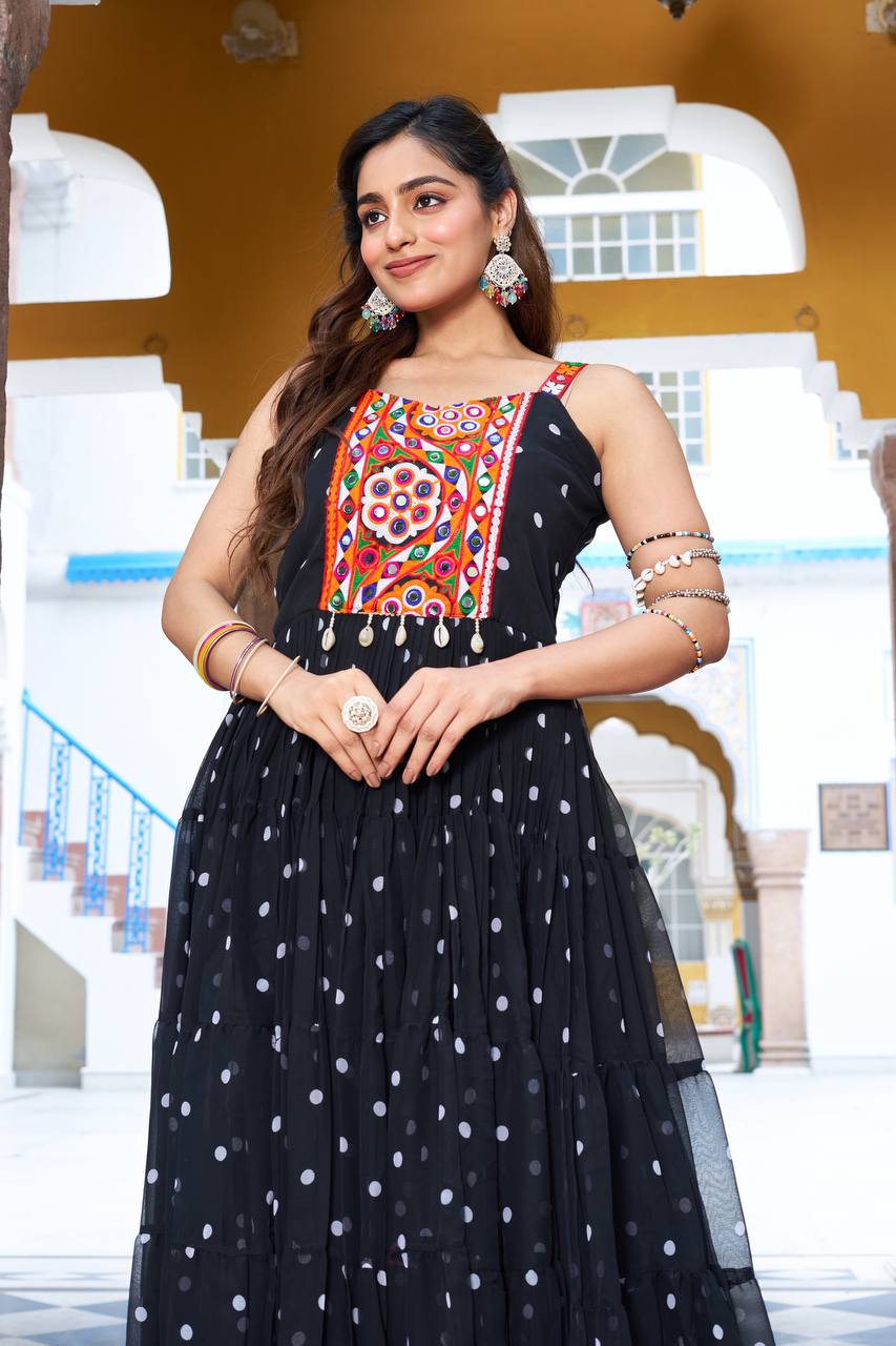 Embroidered Mirror Work Tiered Anarkali Gown