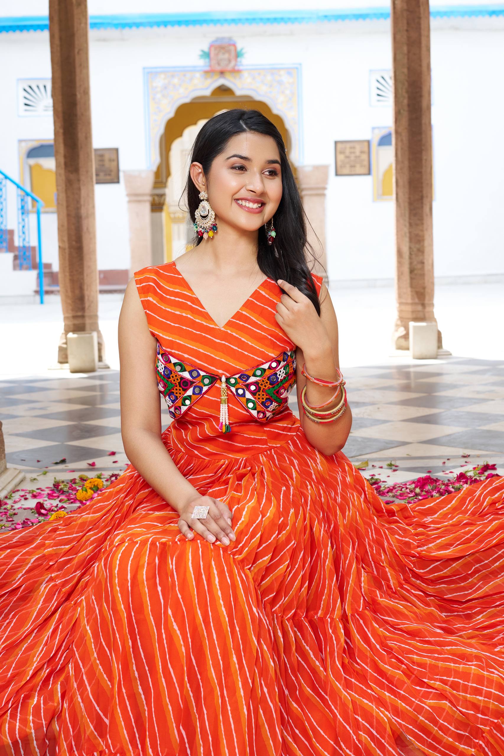 Embroidered Mirror Work Tiered Anarkali Gown