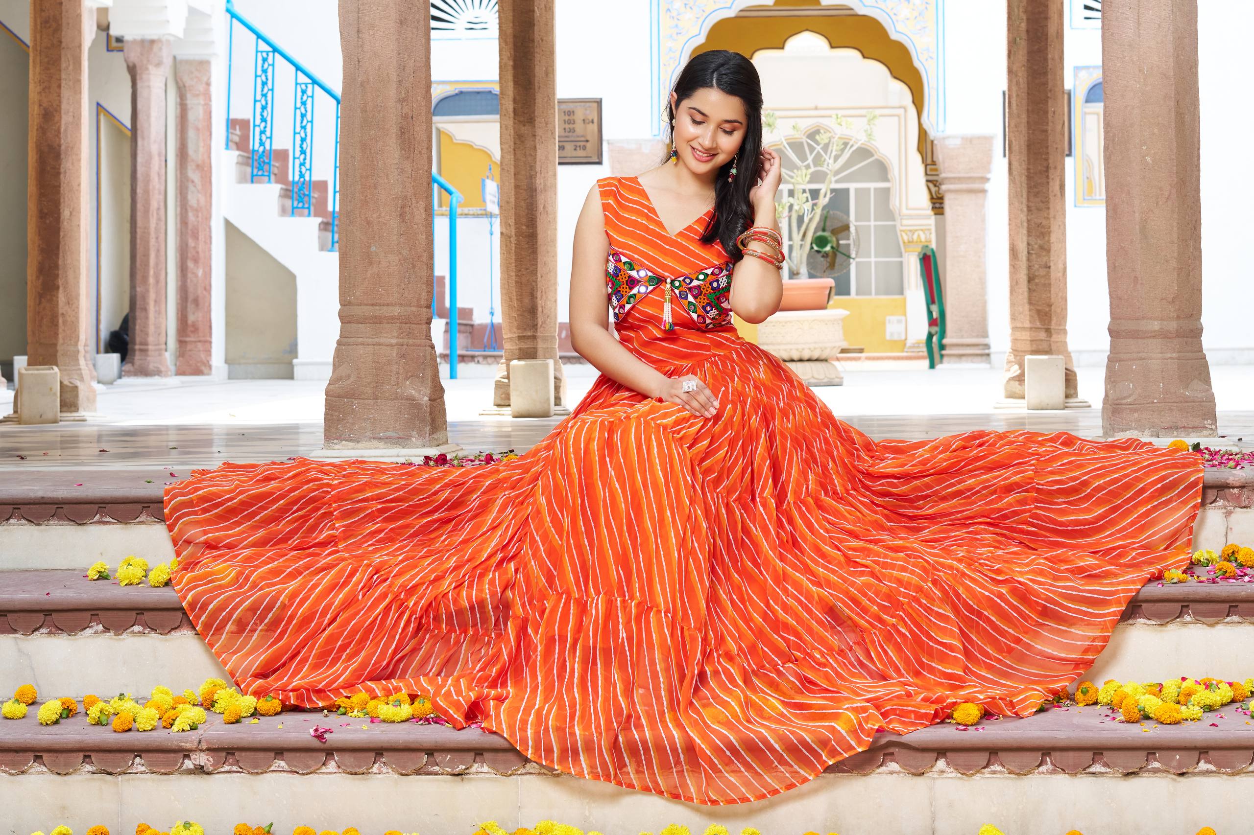 Embroidered Mirror Work Tiered Anarkali Gown