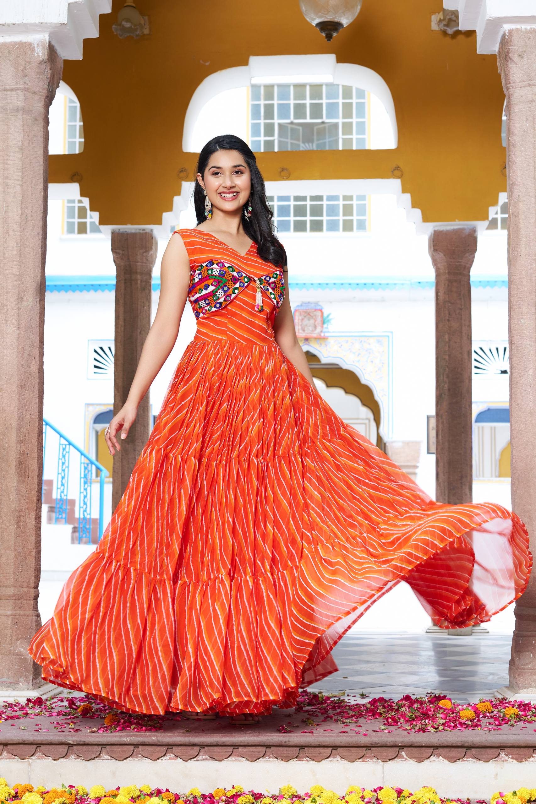 Embroidered Mirror Work Tiered Anarkali Gown