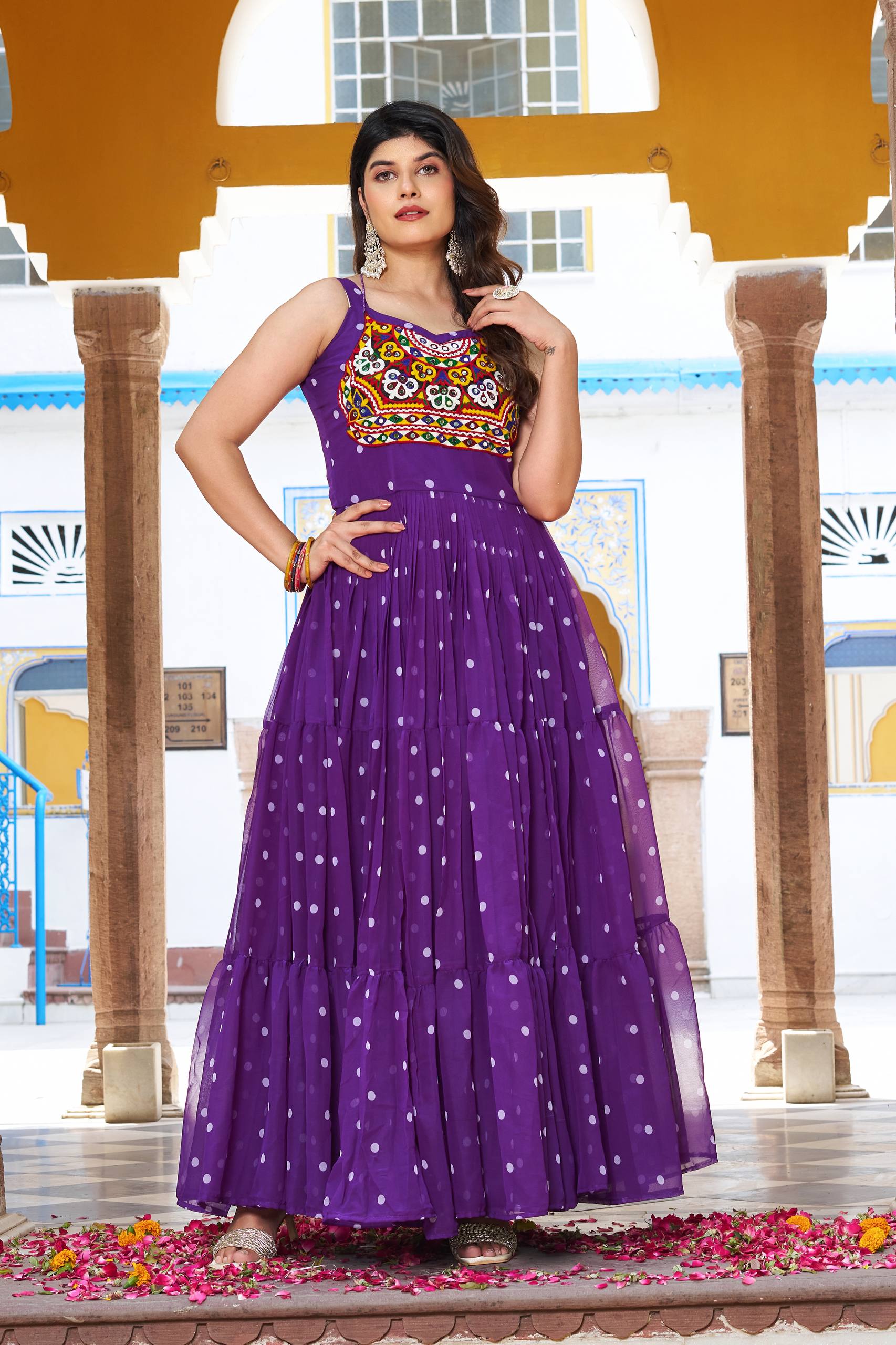Embroidered Mirror Work Tiered Anarkali Gown