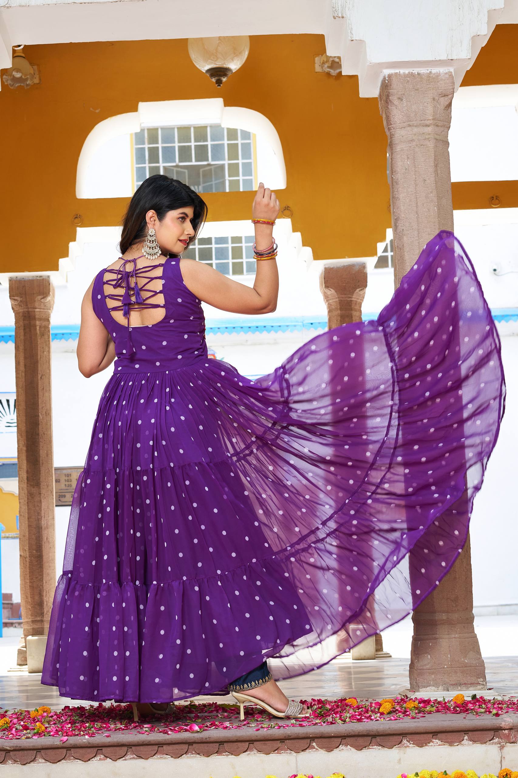 Embroidered Mirror Work Tiered Anarkali Gown