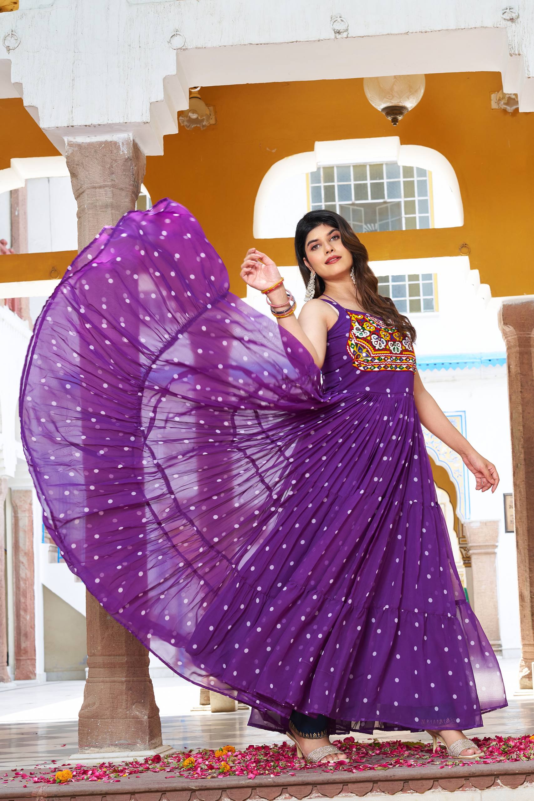 Embroidered Mirror Work Tiered Anarkali Gown