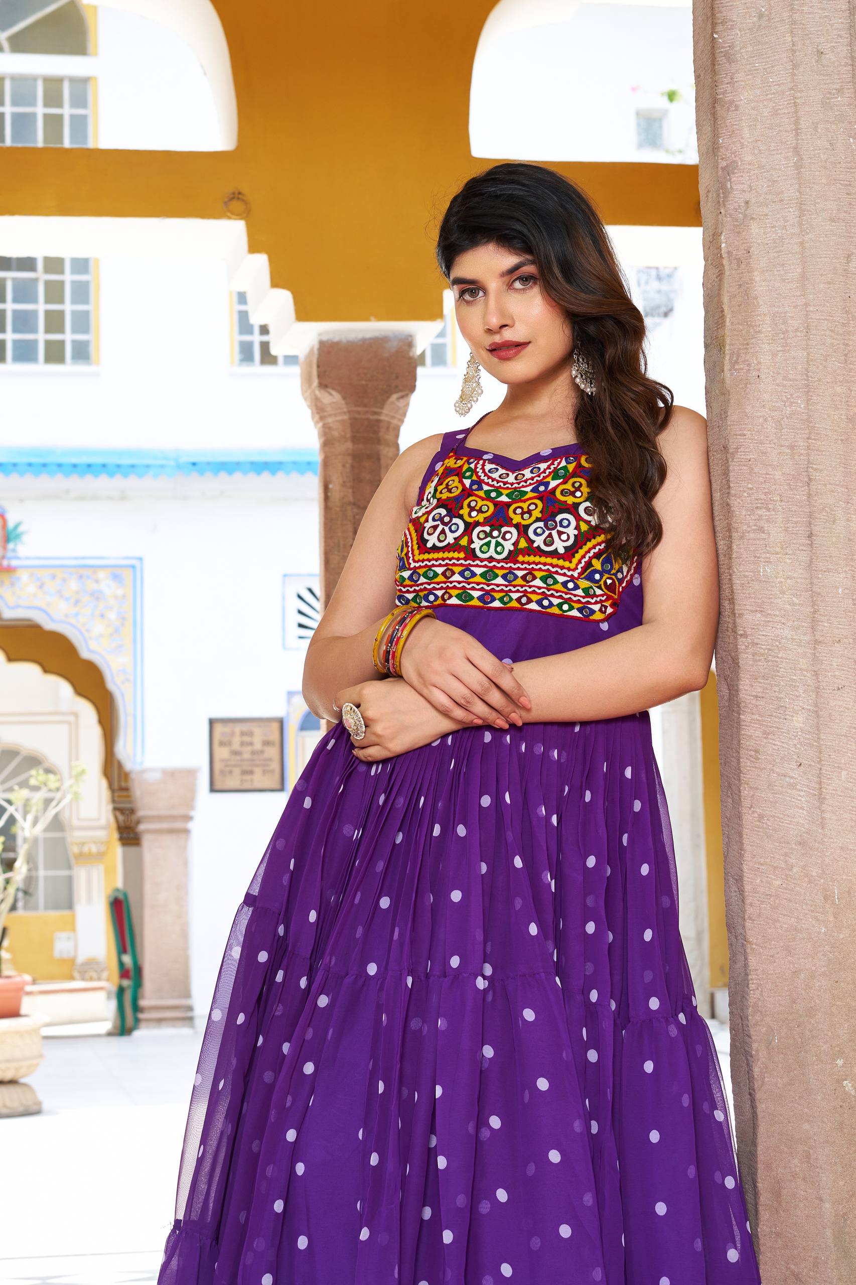 Embroidered Mirror Work Tiered Anarkali Gown