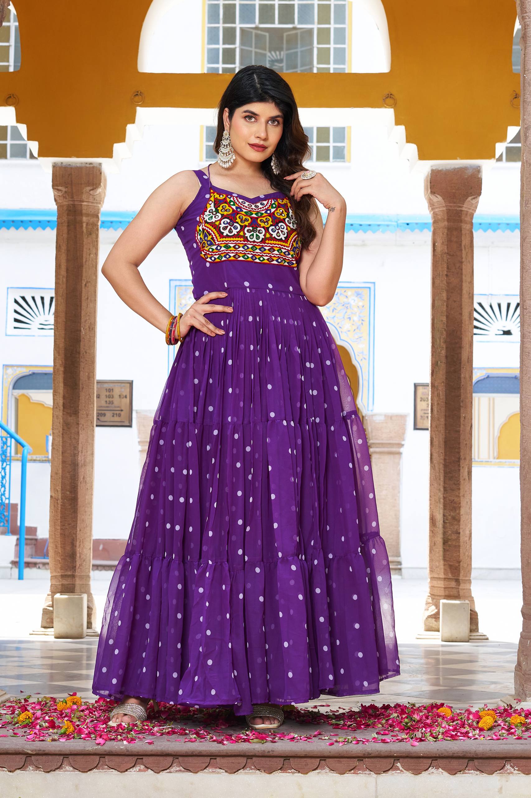 Embroidered Mirror Work Tiered Anarkali Gown