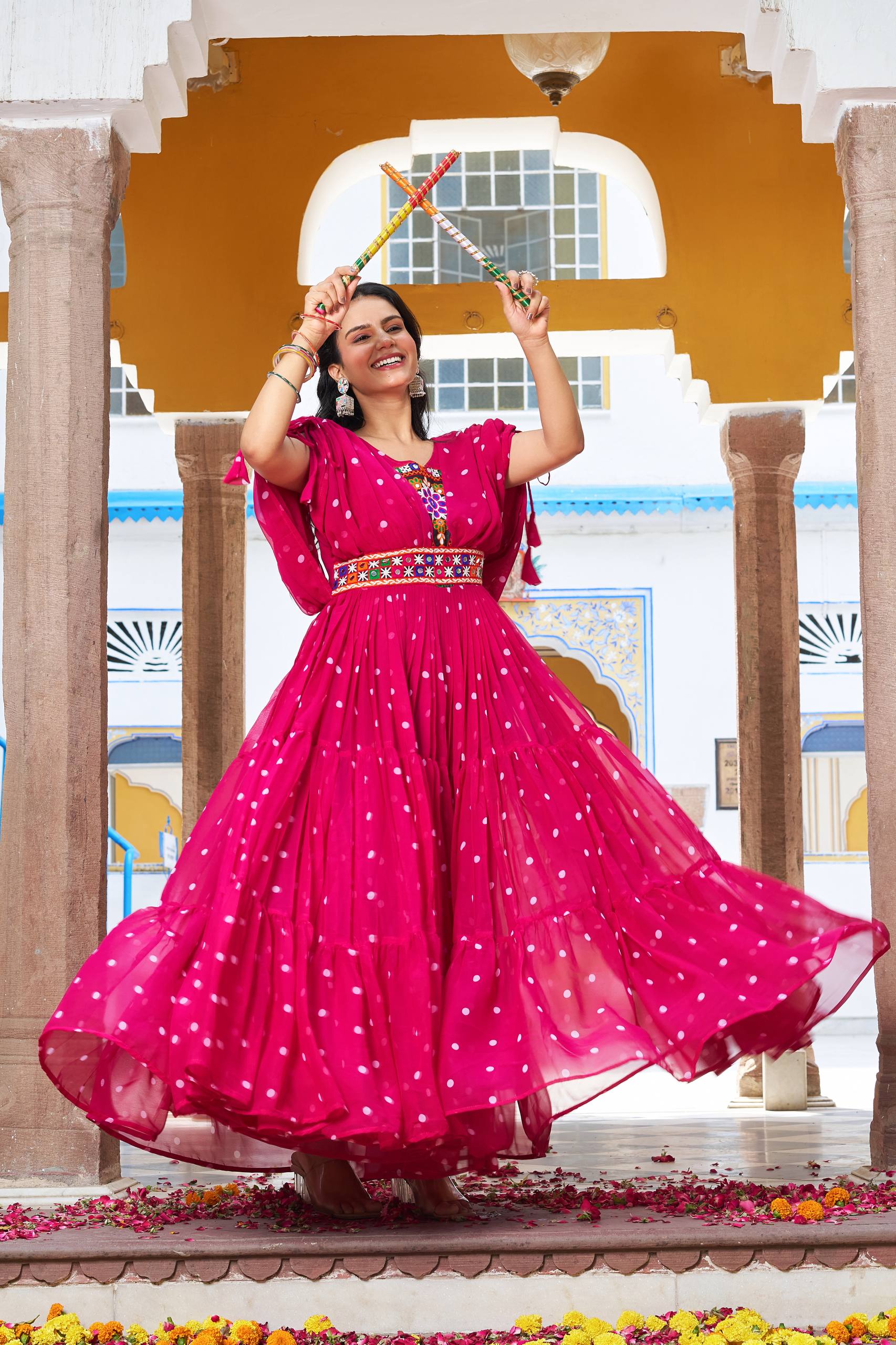 Embroidered Mirror Work Tiered Anarkali Gown