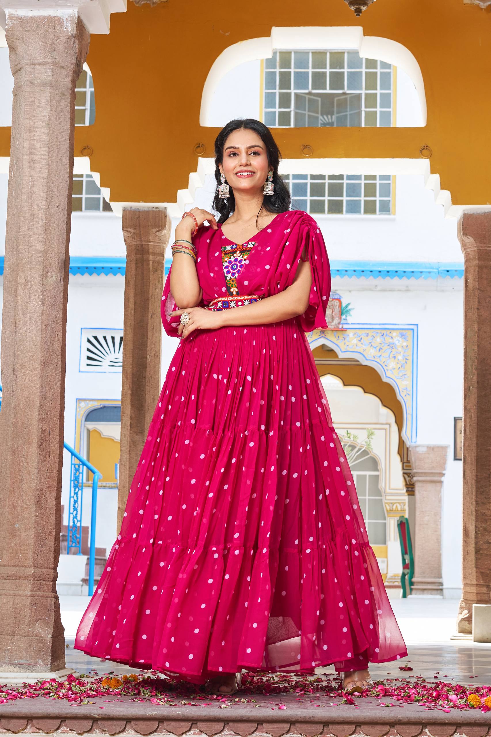 Embroidered Mirror Work Tiered Anarkali Gown