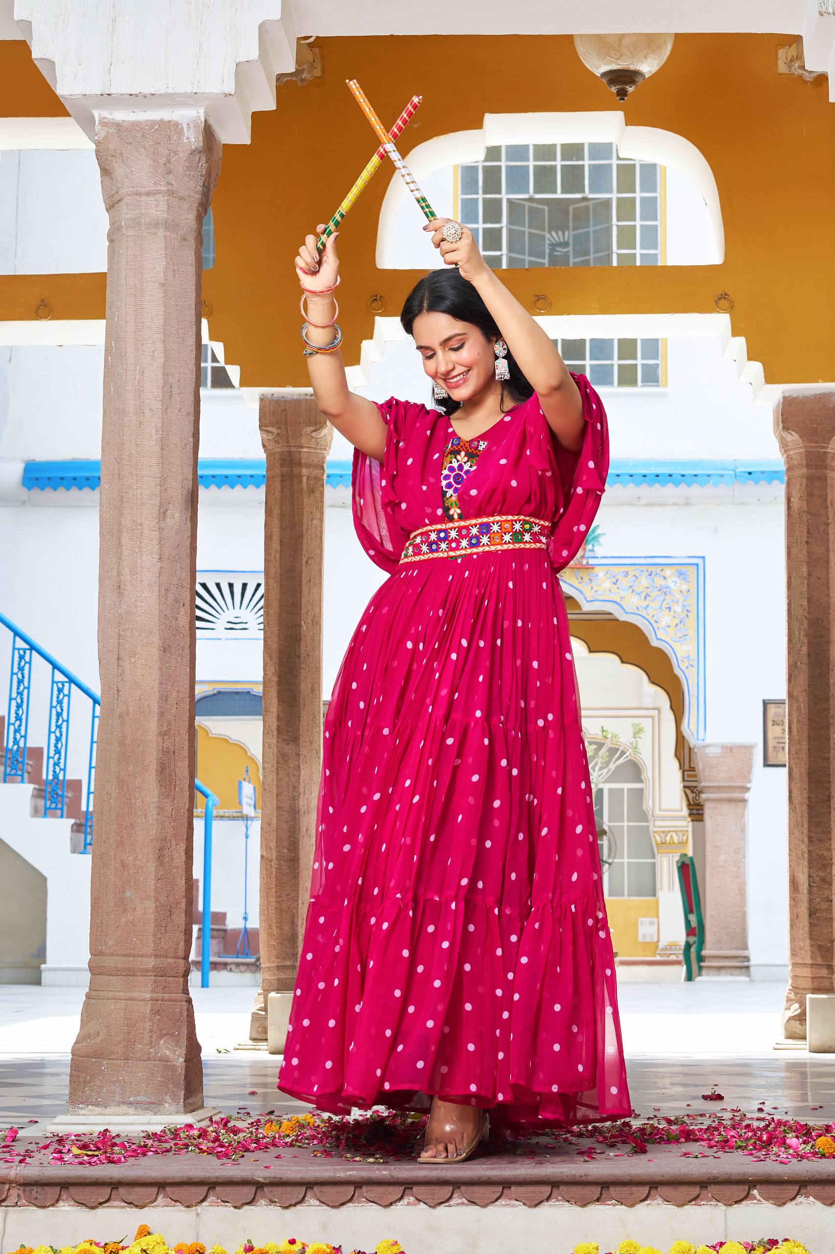 Embroidered Mirror Work Tiered Anarkali Gown