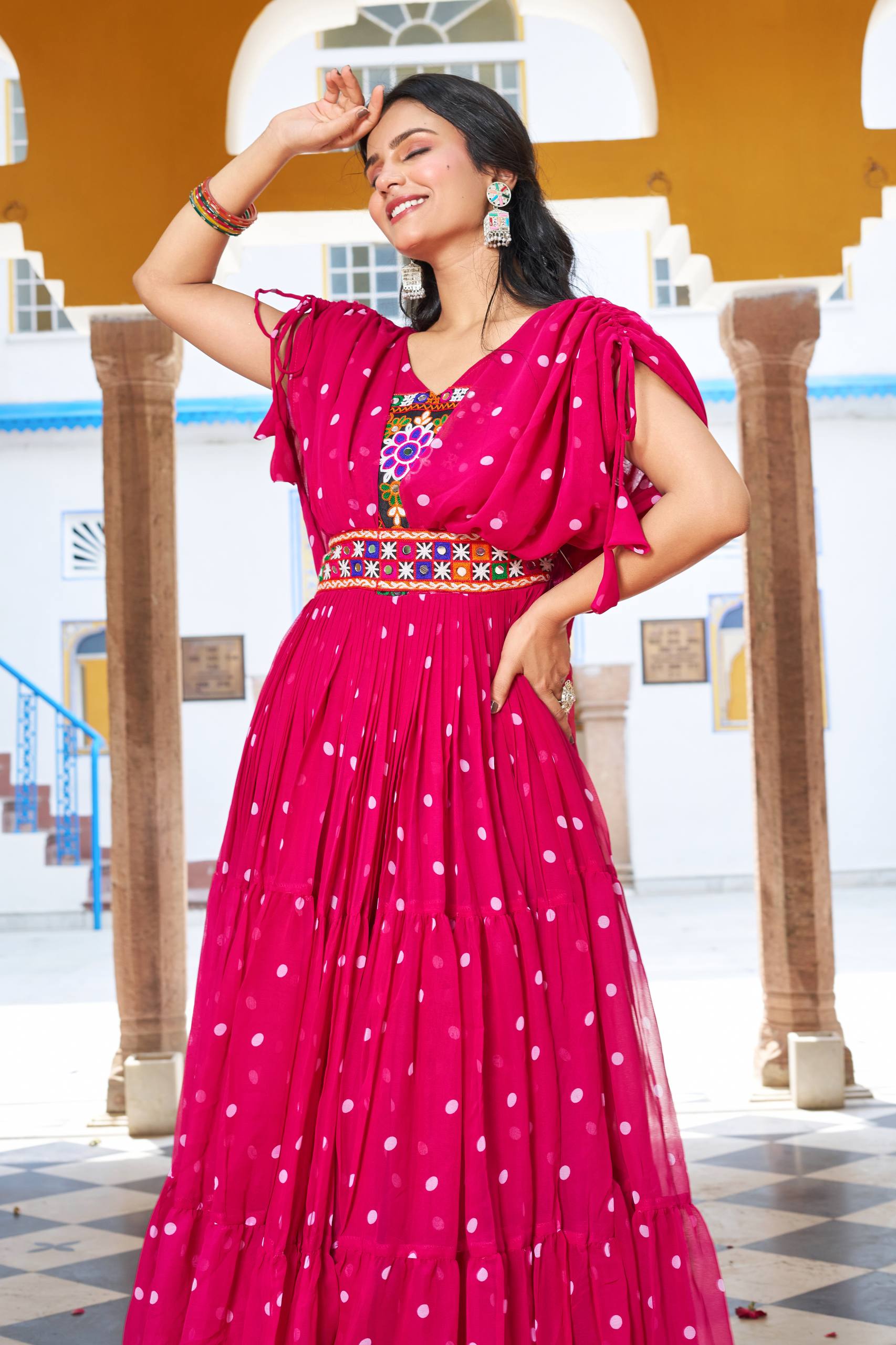 Embroidered Mirror Work Tiered Anarkali Gown