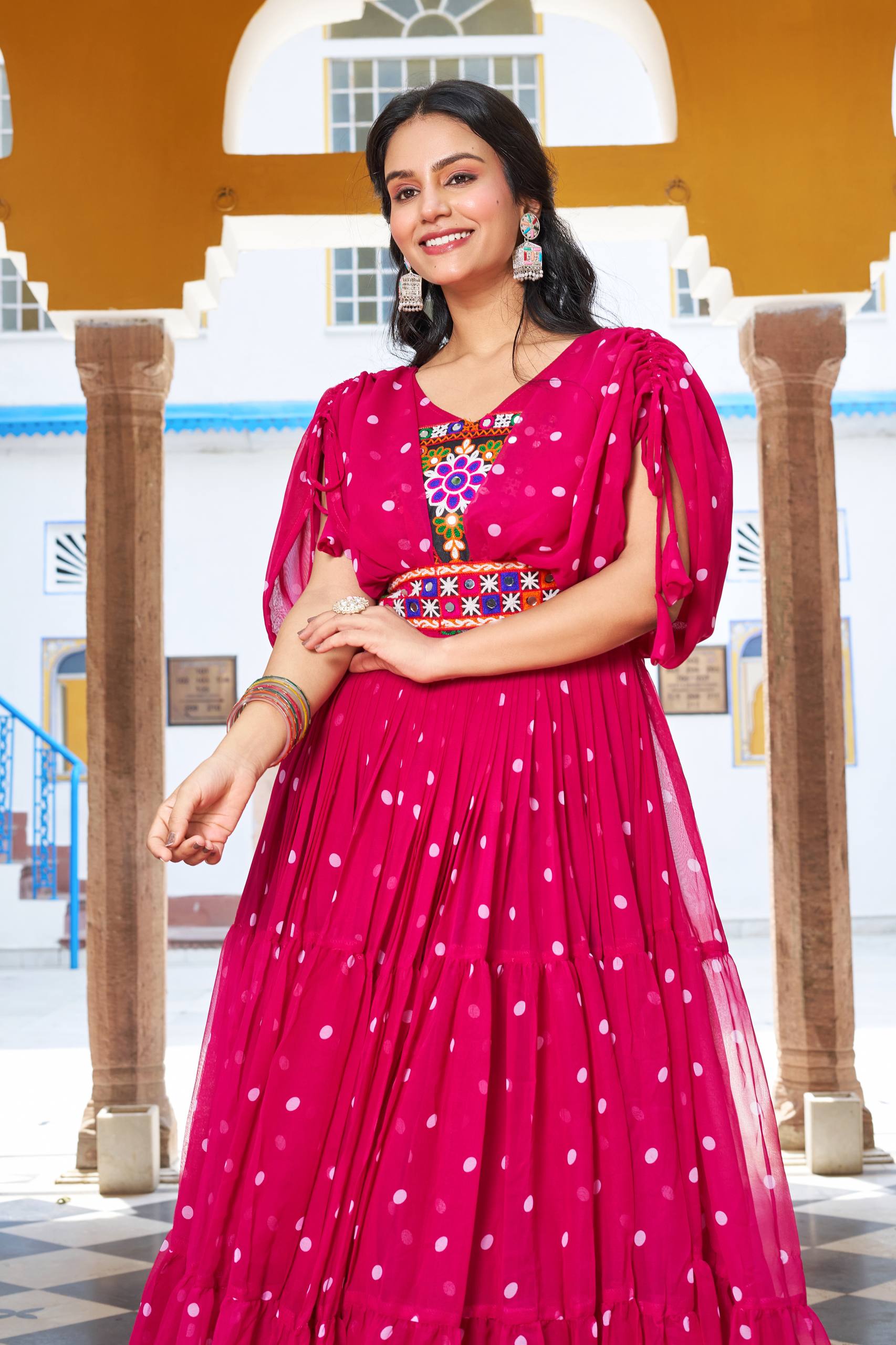 Embroidered Mirror Work Tiered Anarkali Gown