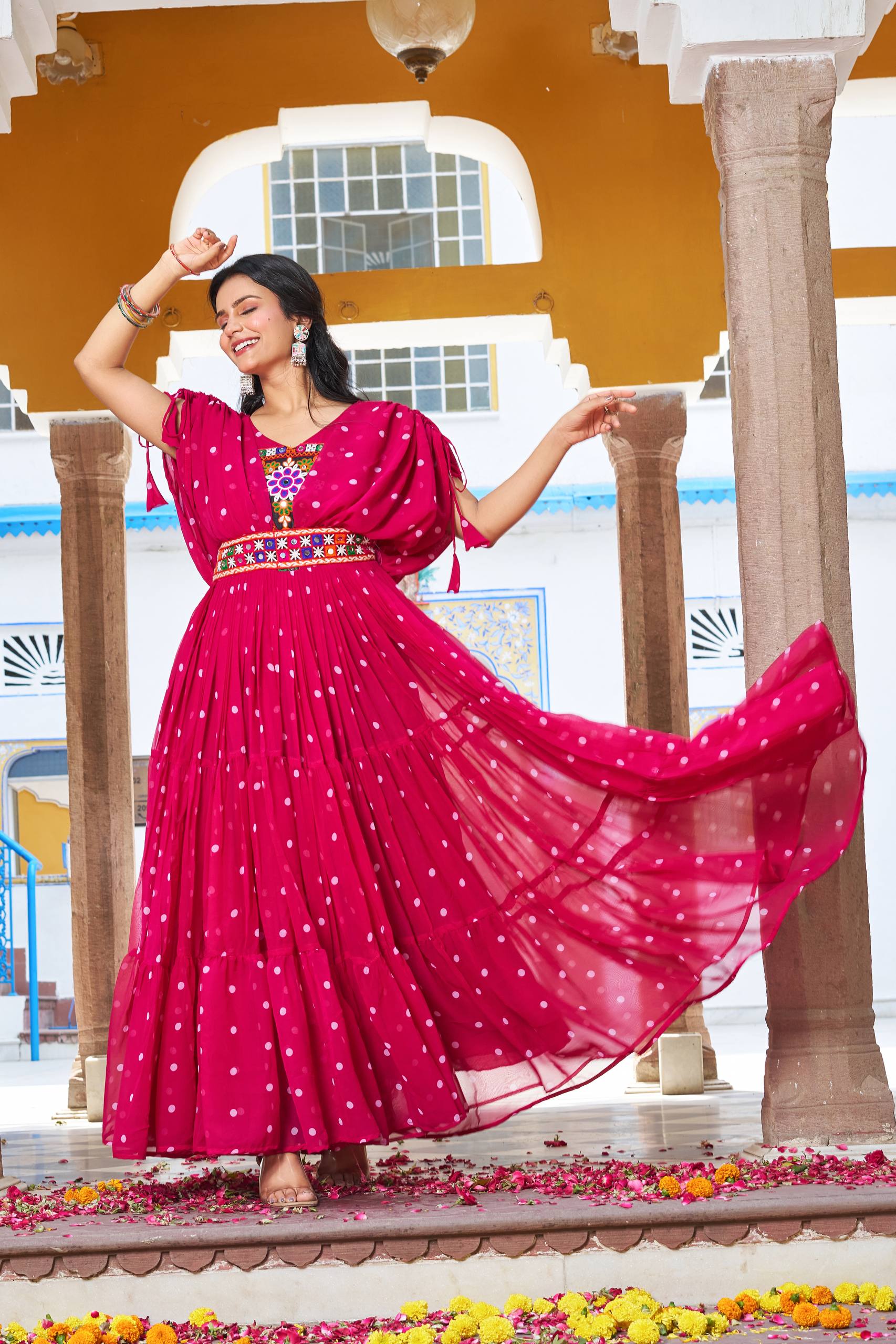 Embroidered Mirror Work Tiered Anarkali Gown