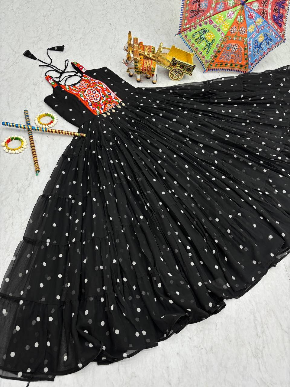 Embroidered Mirror Work Tiered Anarkali Gown