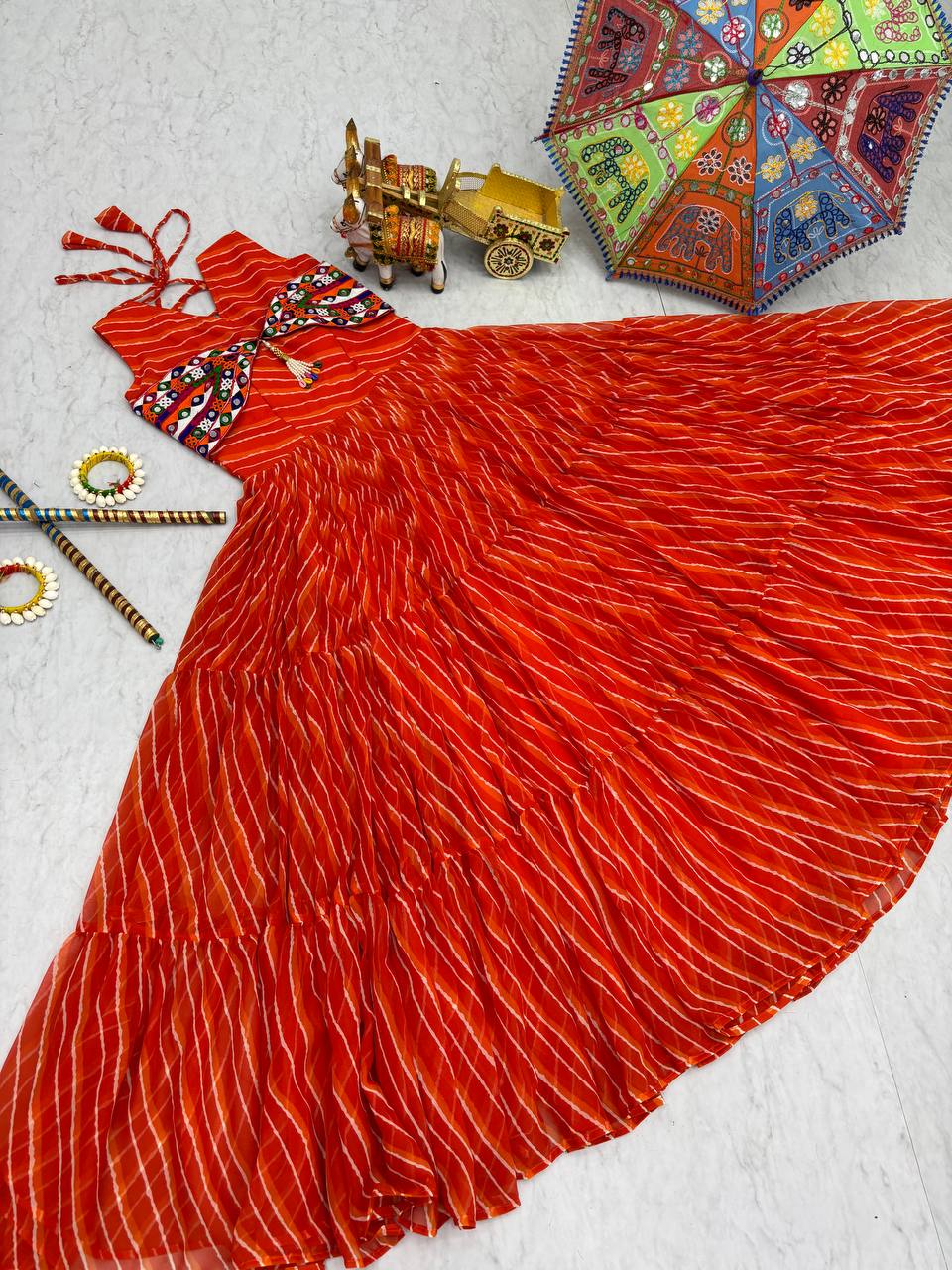 Embroidered Mirror Work Tiered Anarkali Gown