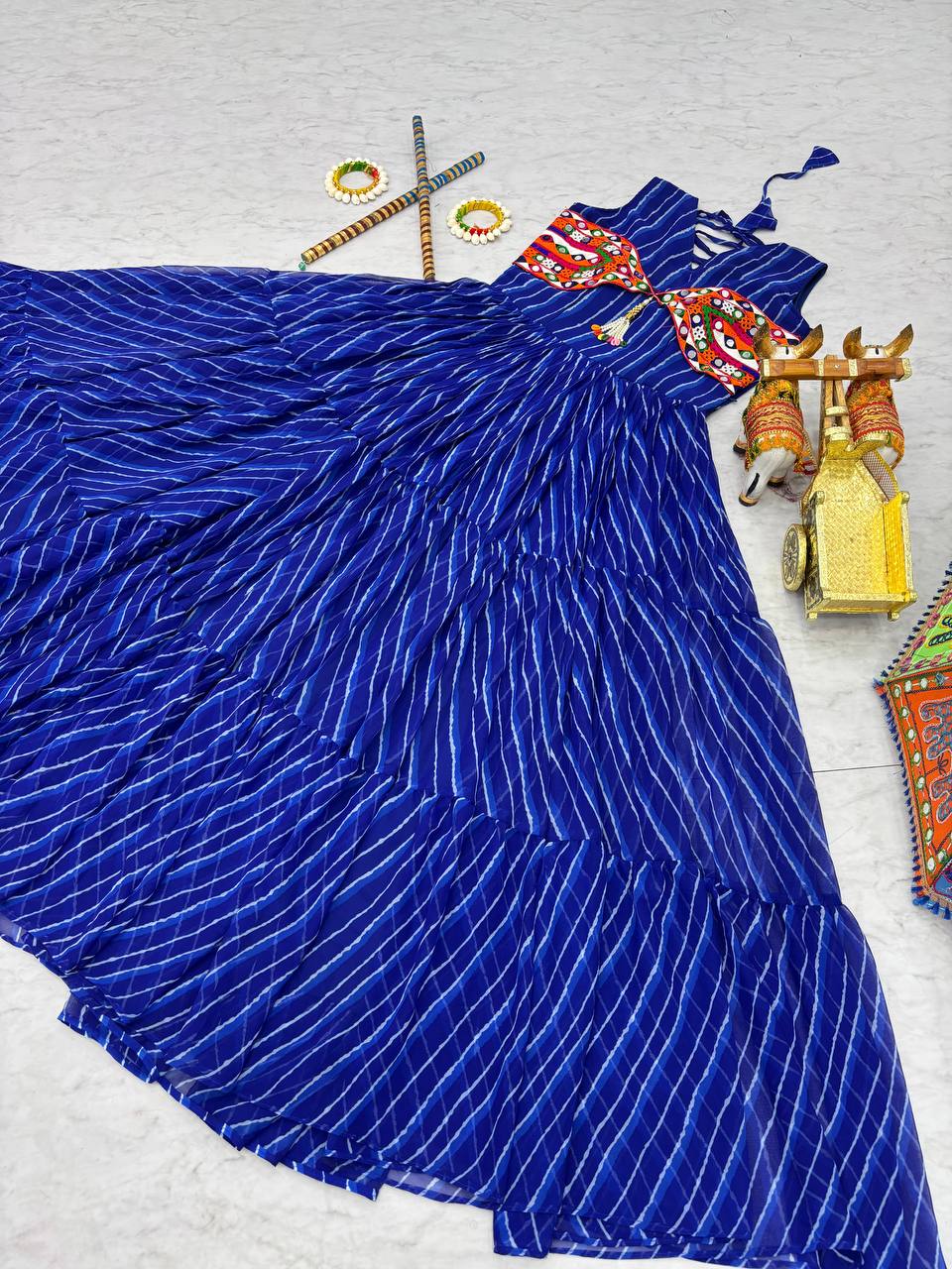 Embroidered Mirror Work Tiered Anarkali Gown
