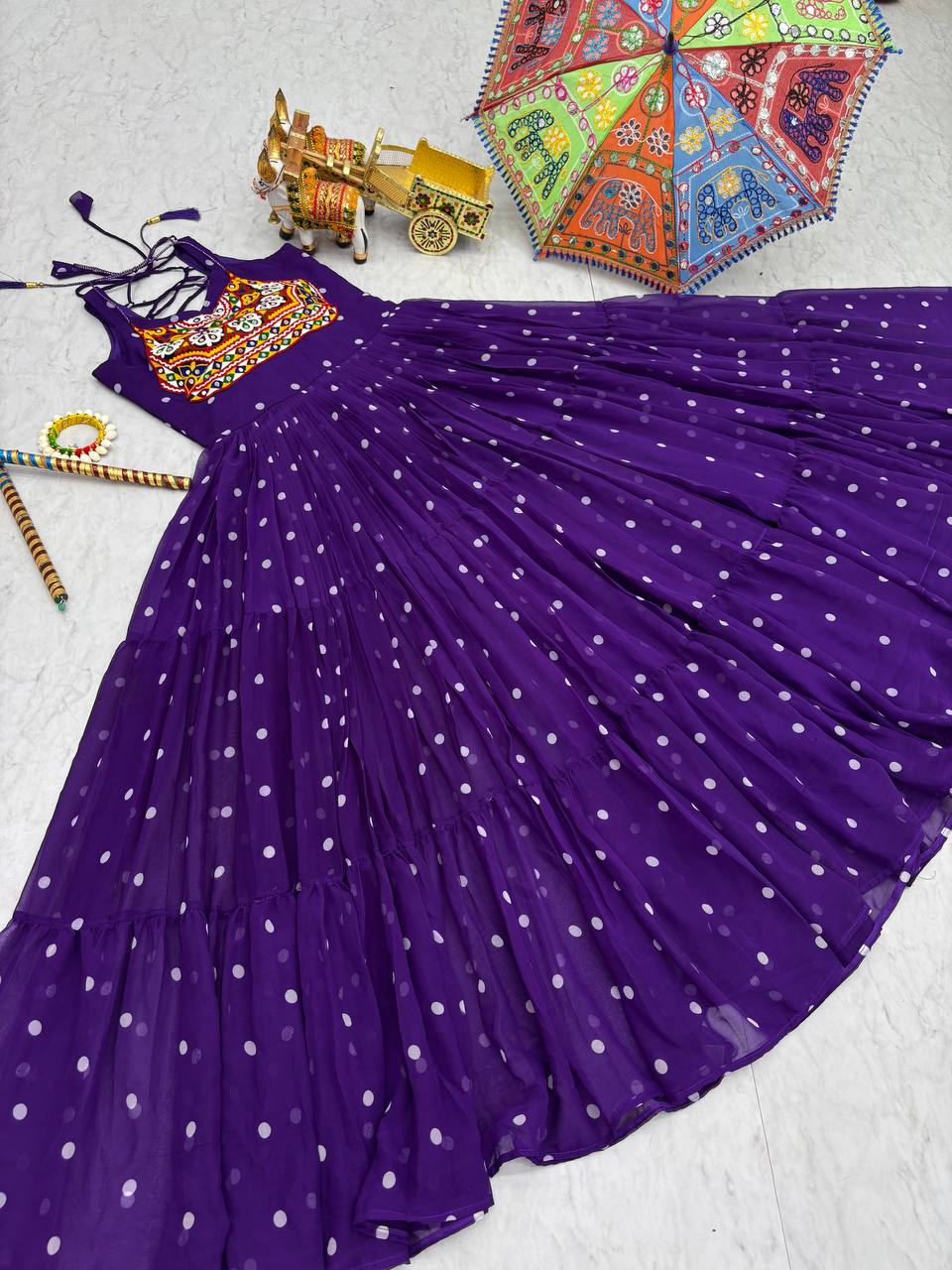 Embroidered Mirror Work Tiered Anarkali Gown