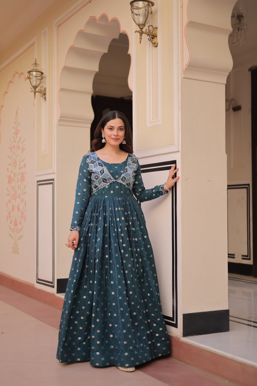 Elegant Bandhej Anarkali Gown with Embroidered Yoke