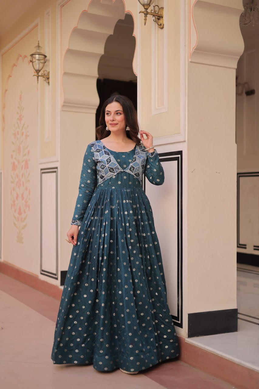Elegant Bandhej Anarkali Gown with Embroidered Yoke
