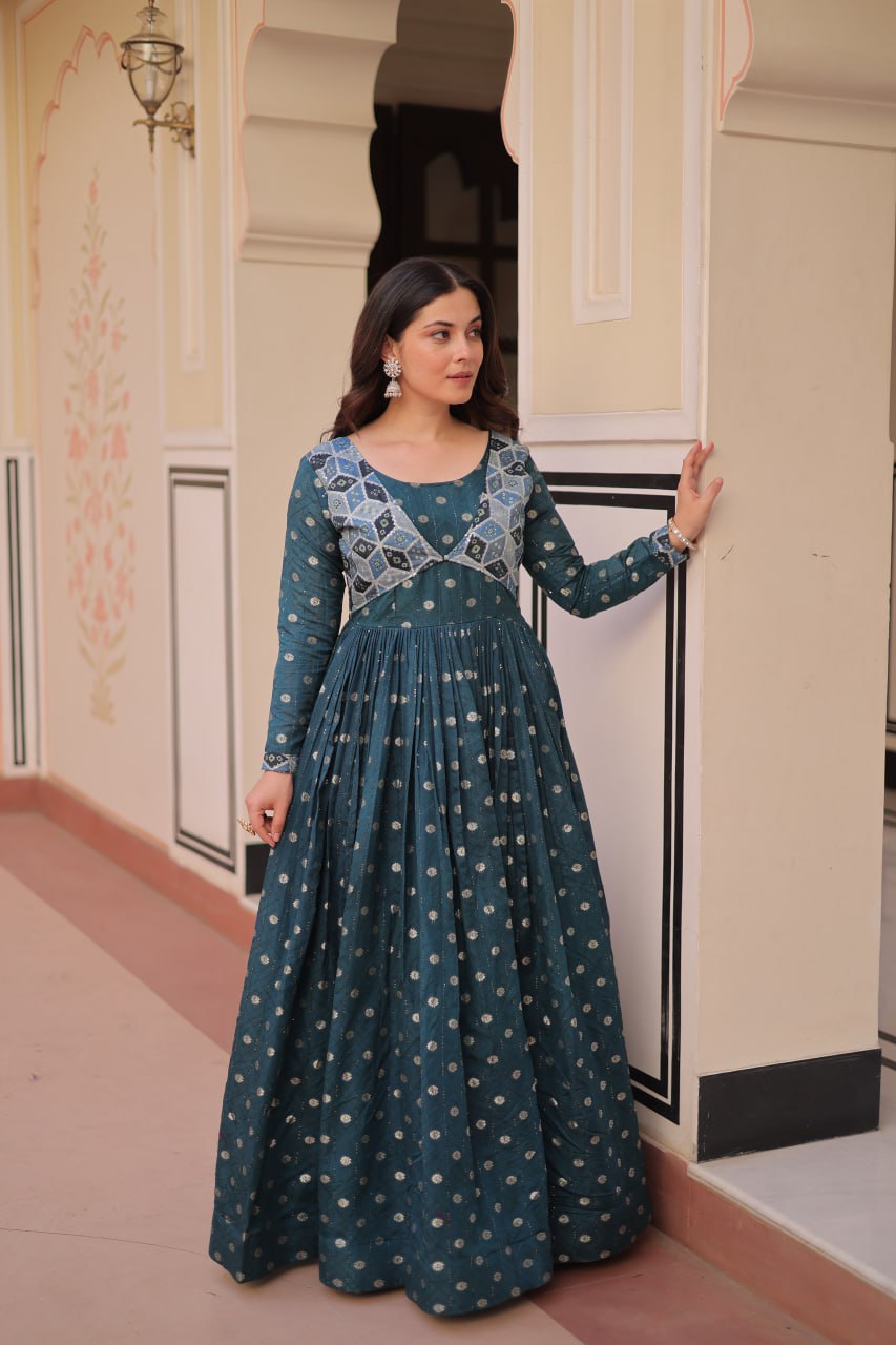 Elegant Bandhej Anarkali Gown with Embroidered Yoke
