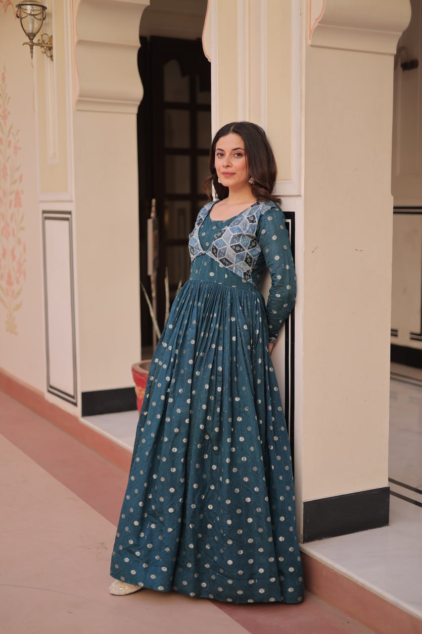 Elegant Bandhej Anarkali Gown with Embroidered Yoke