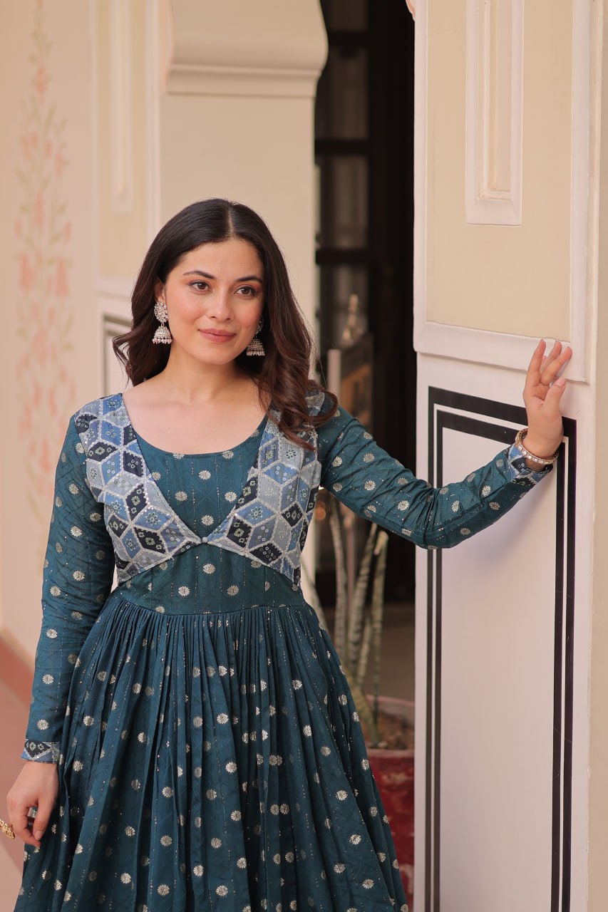 Elegant Bandhej Anarkali Gown with Embroidered Yoke