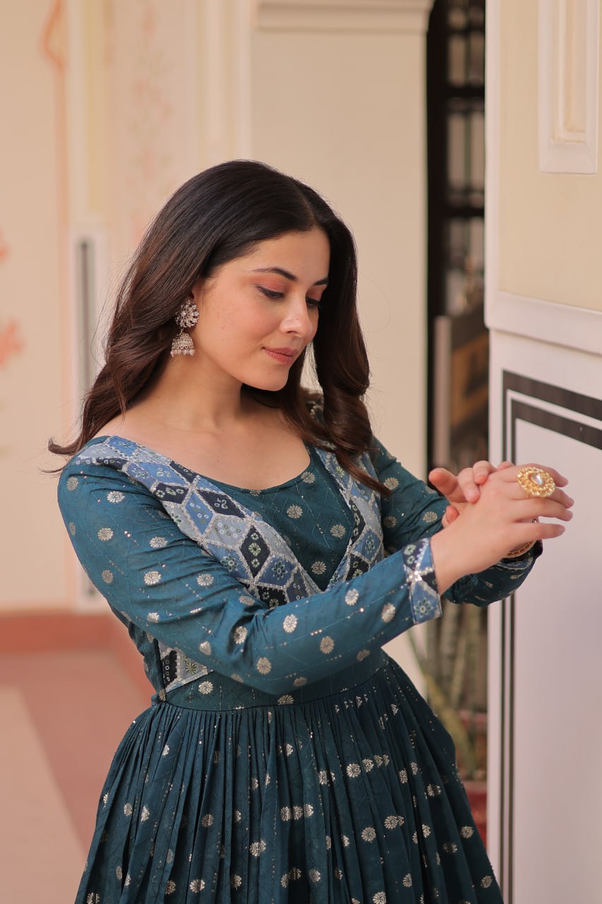 Elegant Bandhej Anarkali Gown with Embroidered Yoke