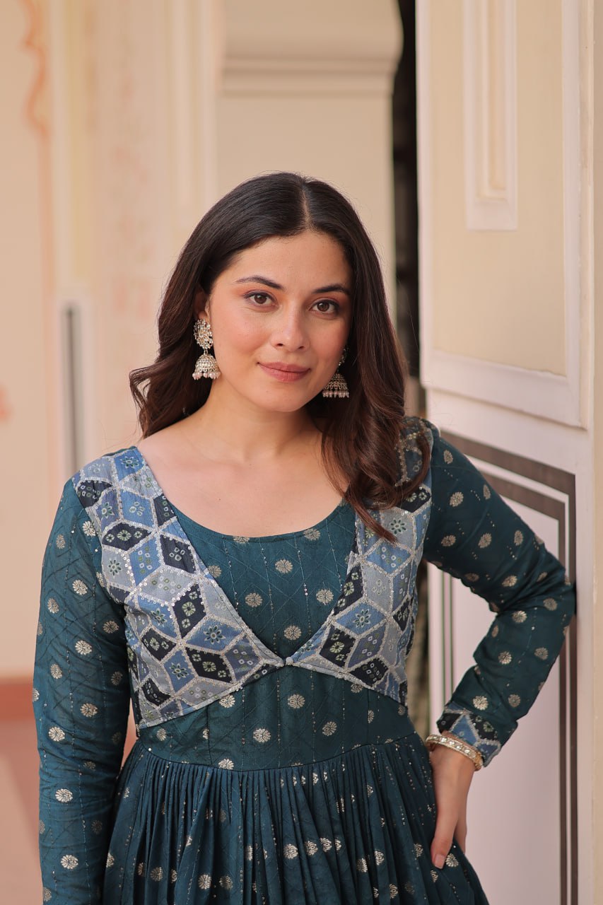 Elegant Bandhej Anarkali Gown with Embroidered Yoke