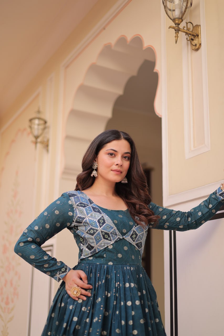 Elegant Bandhej Anarkali Gown with Embroidered Yoke