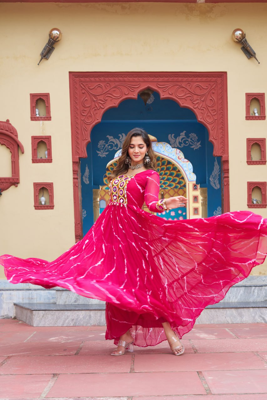 Flared Bandhani Anarkali Gown with Back Tie Detail and Embroidered Cuffs