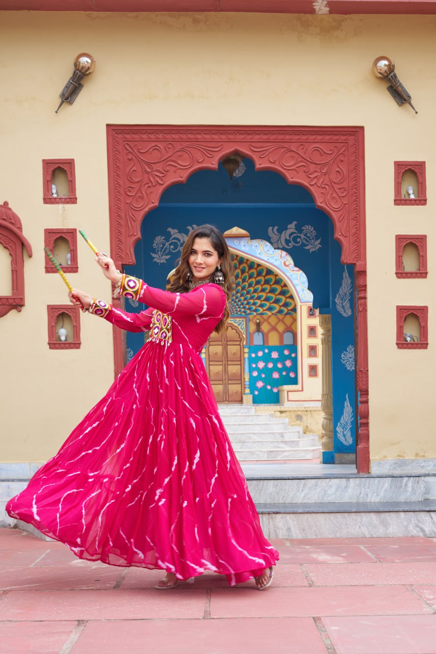 Flared Bandhani Anarkali Gown with Back Tie Detail and Embroidered Cuffs
