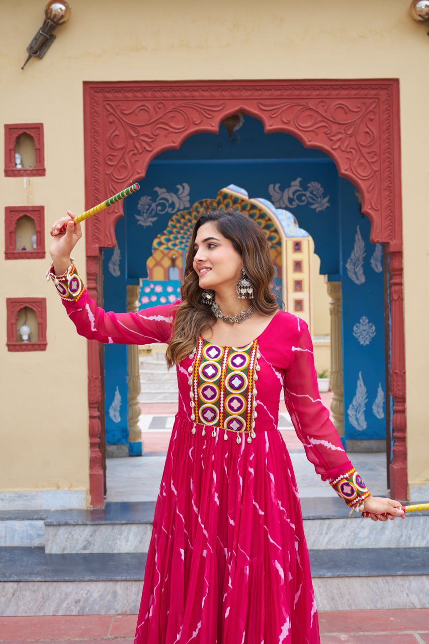 Flared Bandhani Anarkali Gown with Back Tie Detail and Embroidered Cuffs