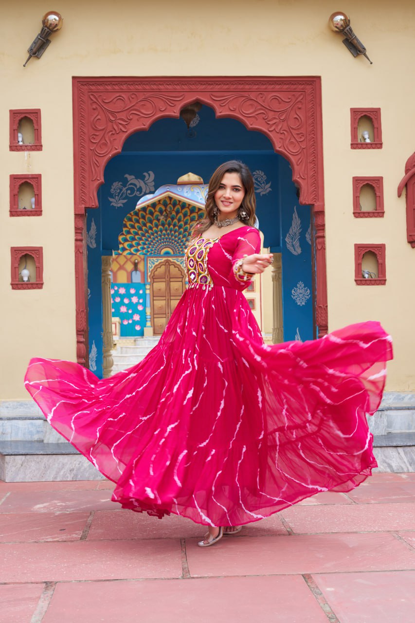 Flared Bandhani Anarkali Gown with Back Tie Detail and Embroidered Cuffs