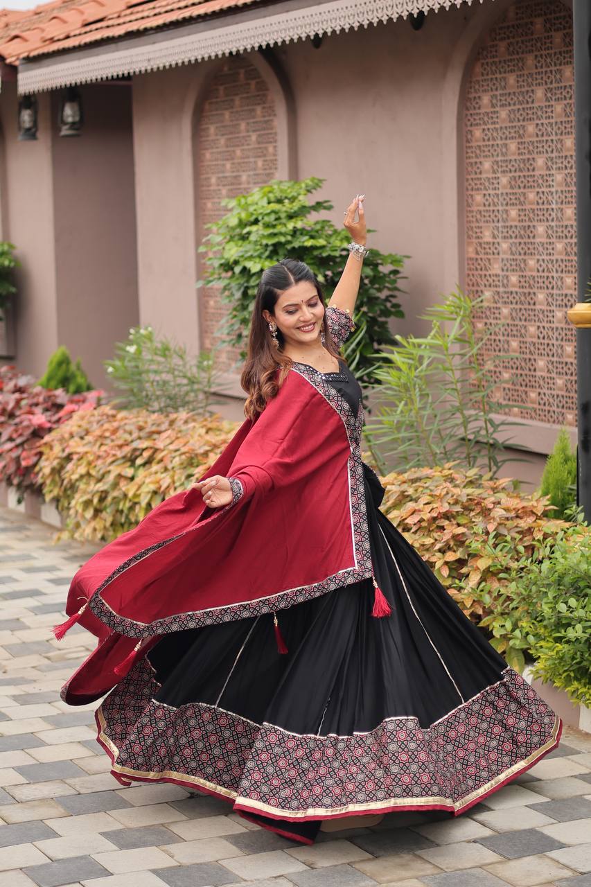 Black & Maroon Leheriya Print Navratri Special Chaniya Choli Set