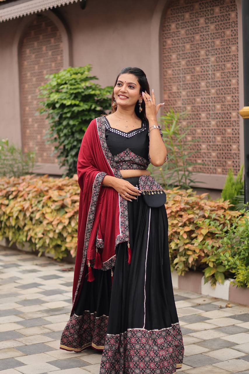 Black & Maroon Leheriya Print Navratri Special Chaniya Choli Set