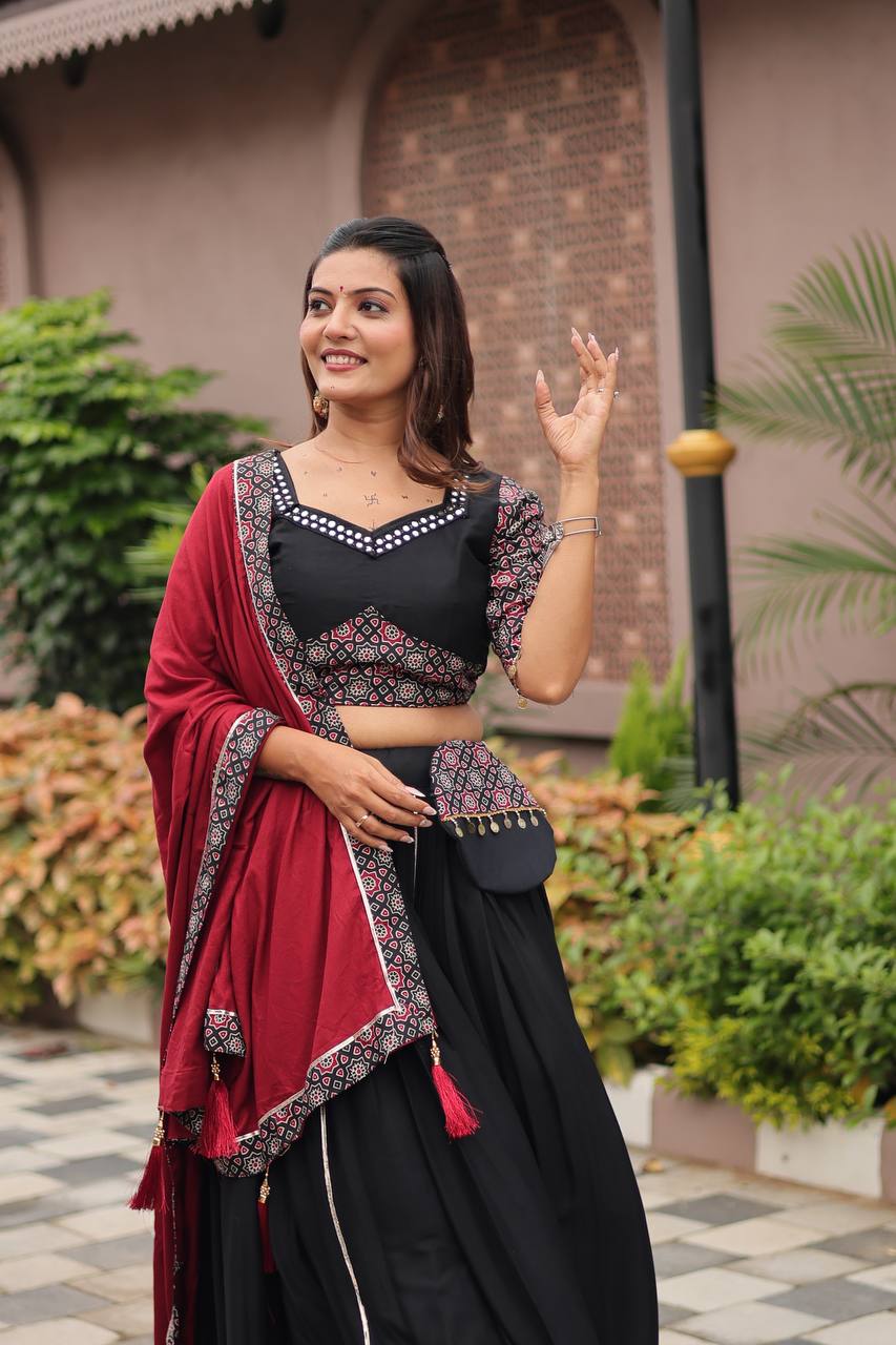 Black & Maroon Leheriya Print Navratri Special Chaniya Choli Set