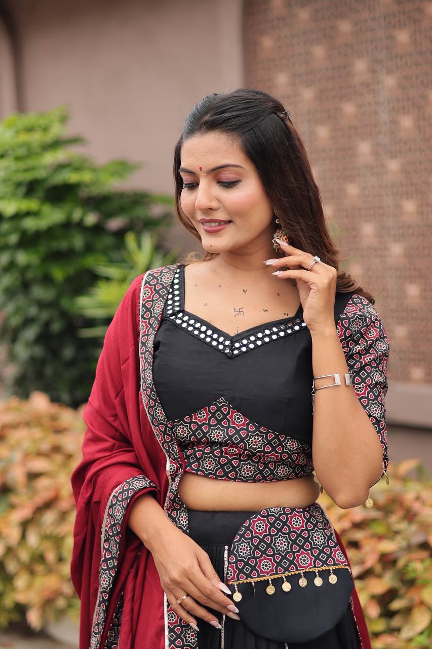 Black & Maroon Leheriya Print Navratri Special Chaniya Choli Set