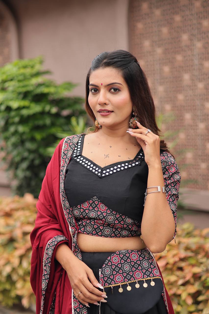 Black & Maroon Leheriya Print Navratri Special Chaniya Choli Set