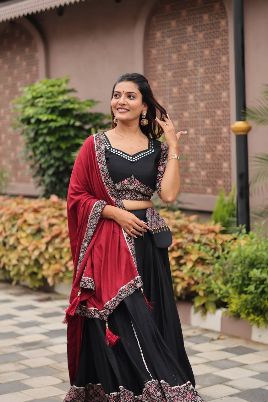 Black & Maroon Leheriya Print Navratri Special Chaniya Choli Set