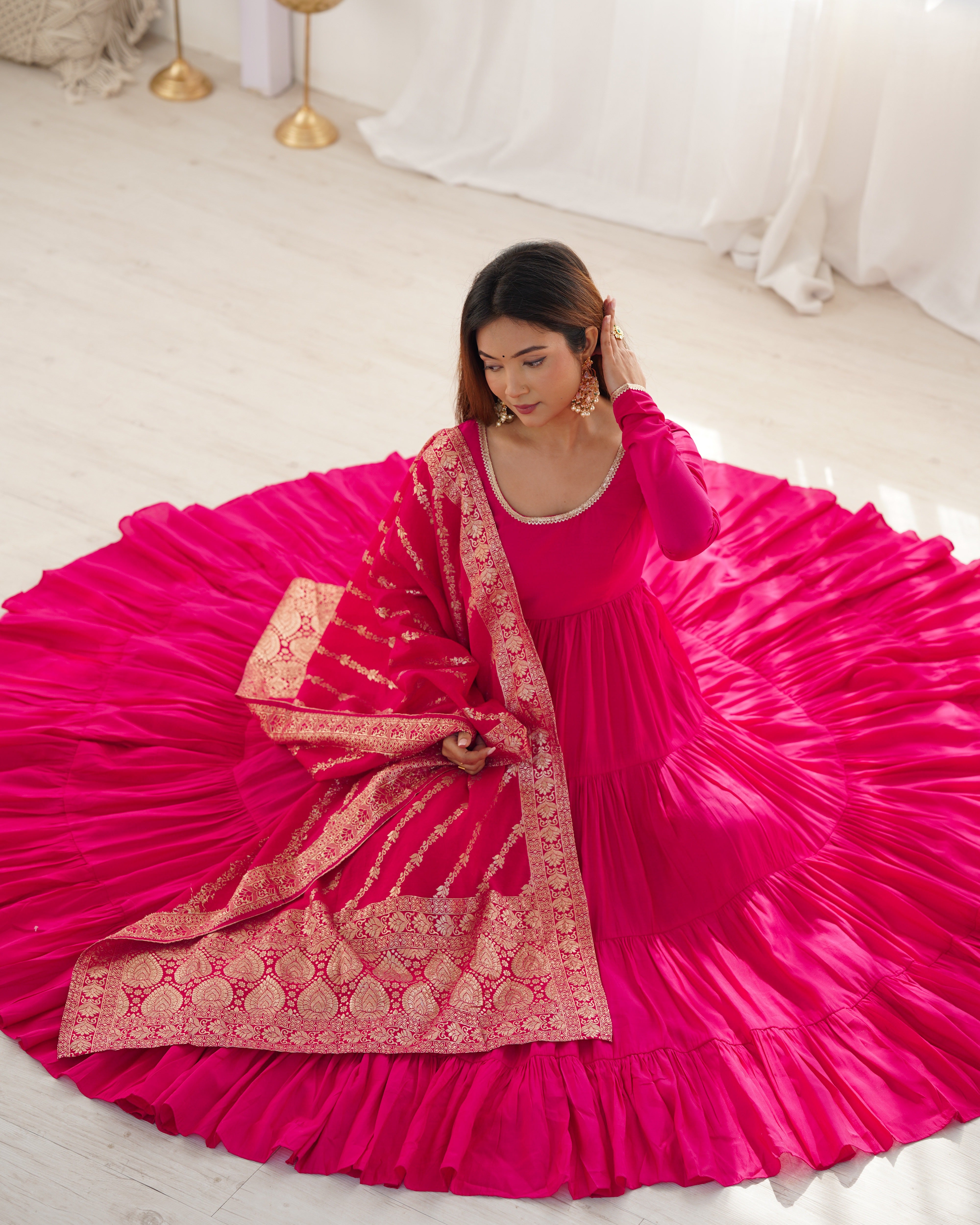 PURE ROMANSILK CHANDERI FABRIC FULLY FLAIR ANARKALI,WITH DUPPTA SET,PENT READY TO WEAR