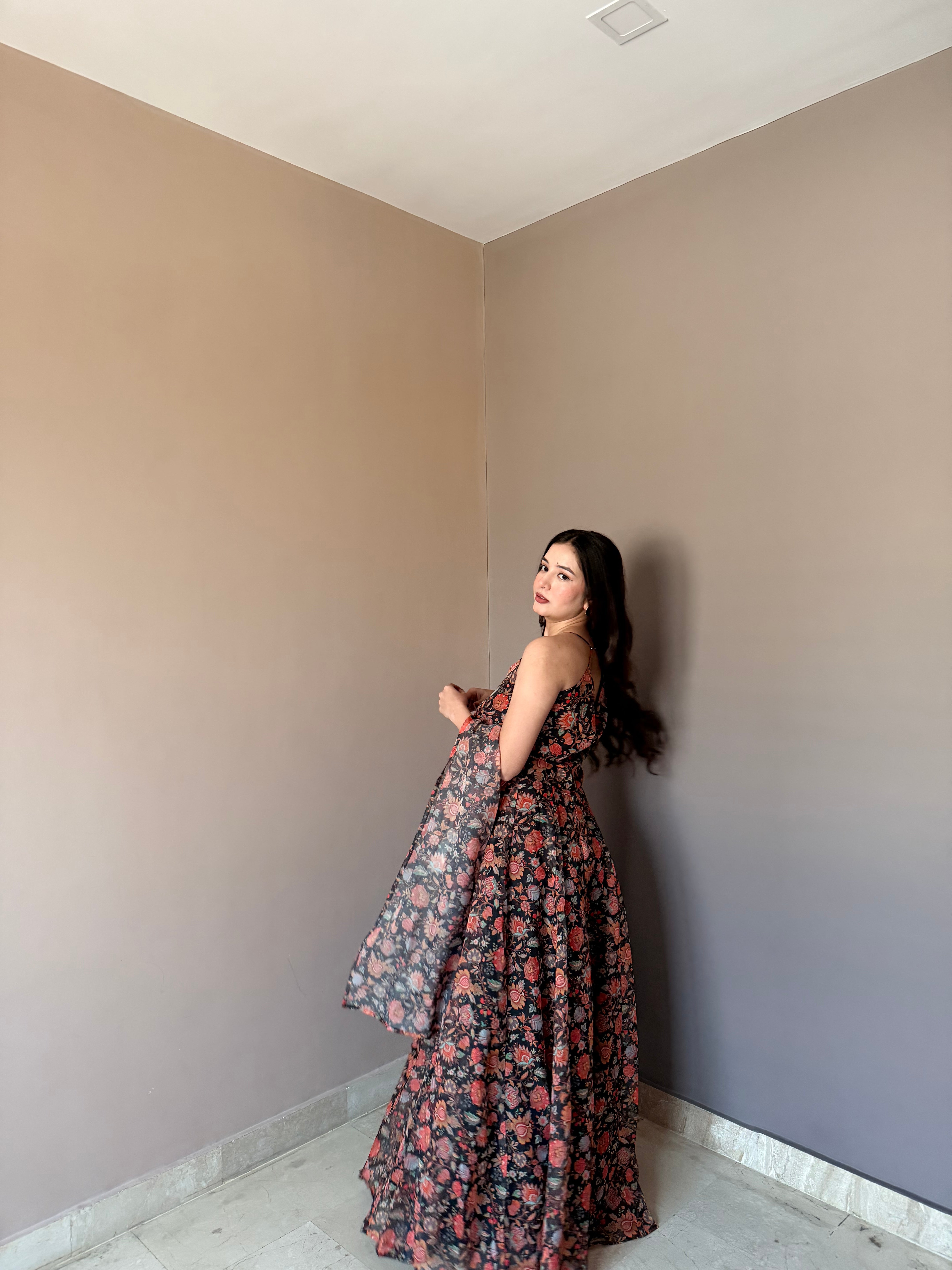 Premium Floral Printed Organza Gown Set with Matching Dupatta