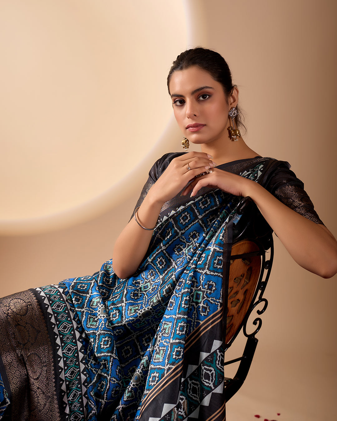 Exquisite Soft Lichi Silk Saree featuring elegant digital ethnic geometric designs paired